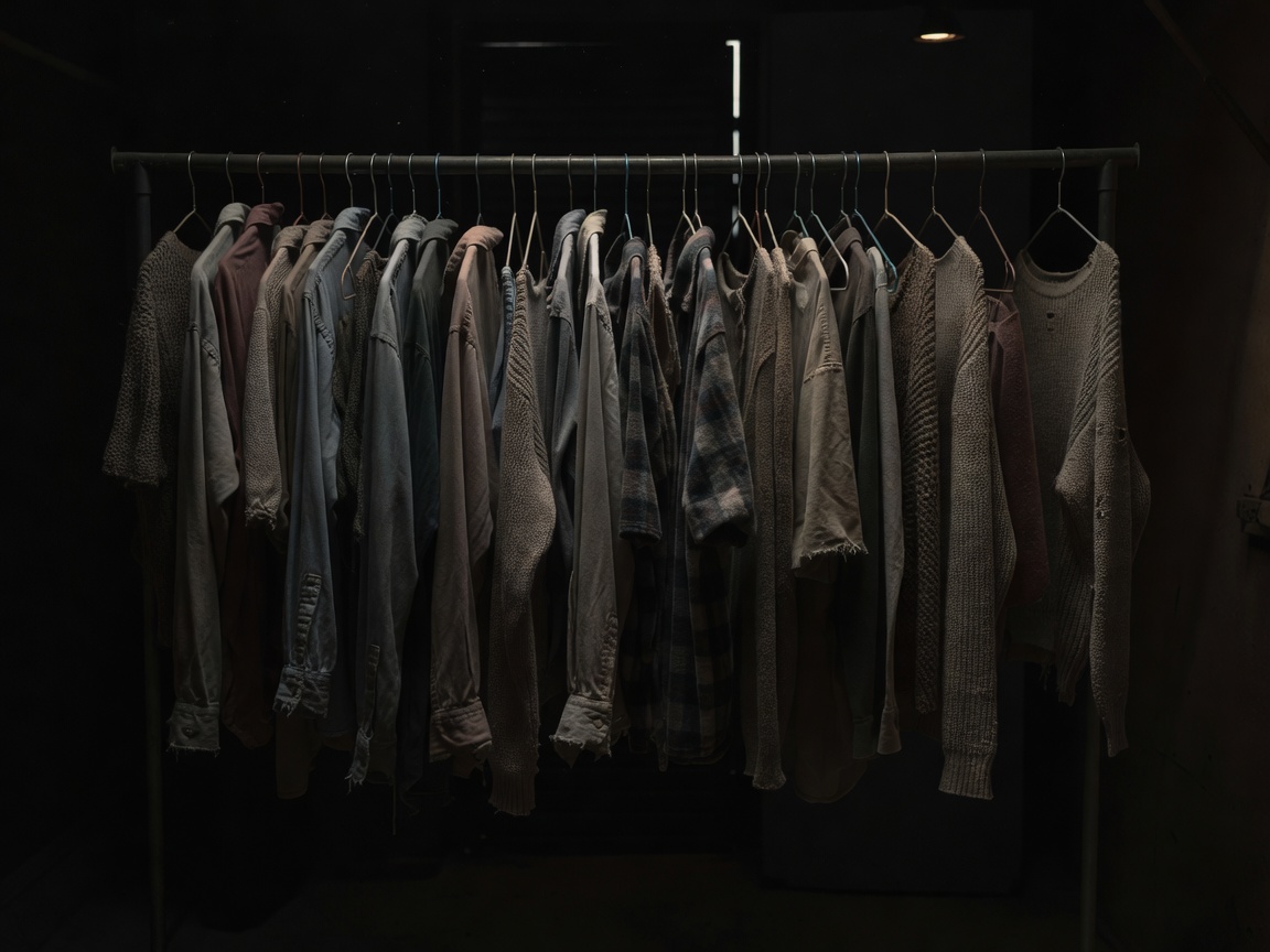 Simple clothing rail with worn-in shirts and knits hanging in deep shadow