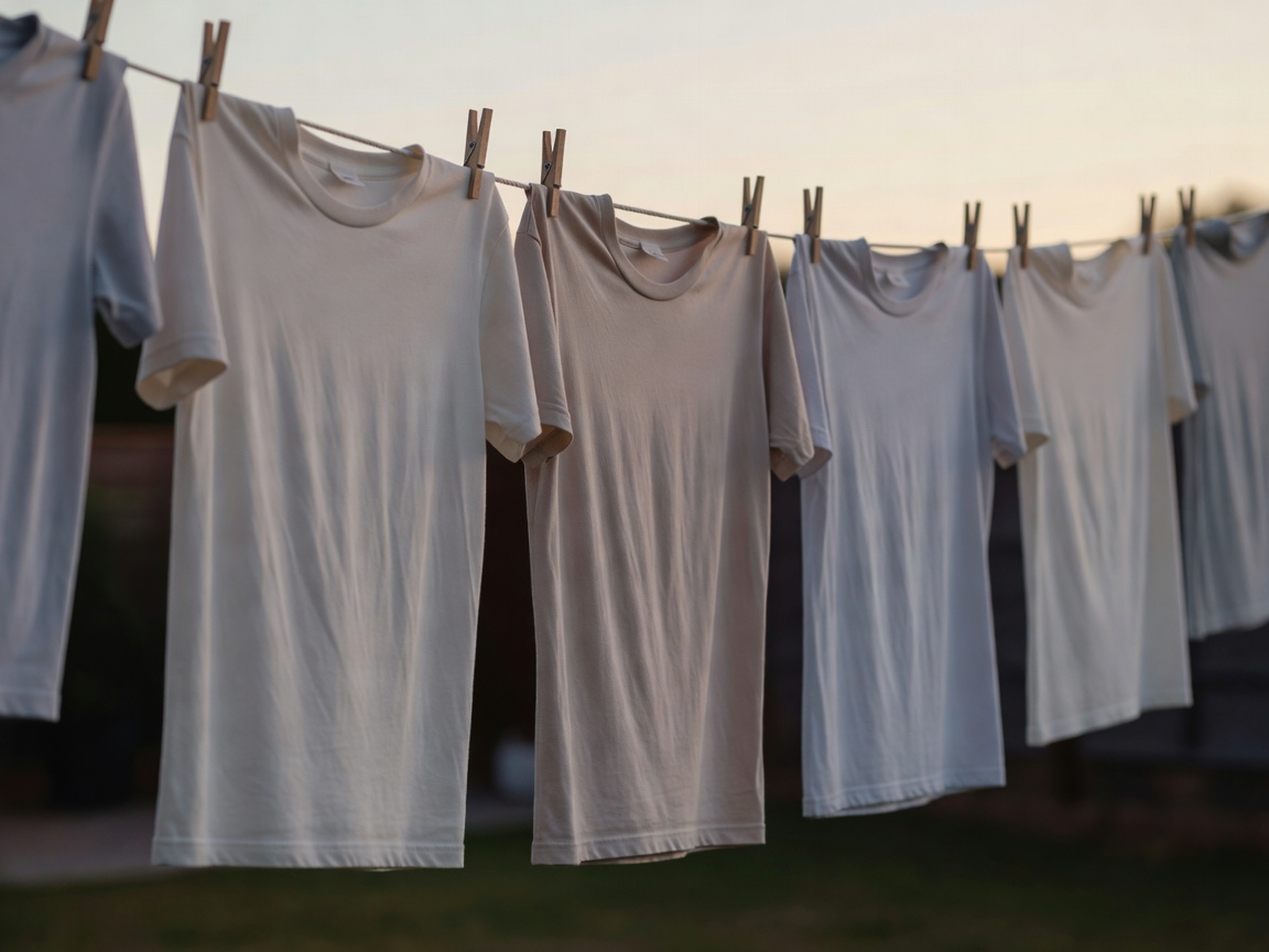 Plain cotton t-shirts drying on a washing line in soft evening shadow