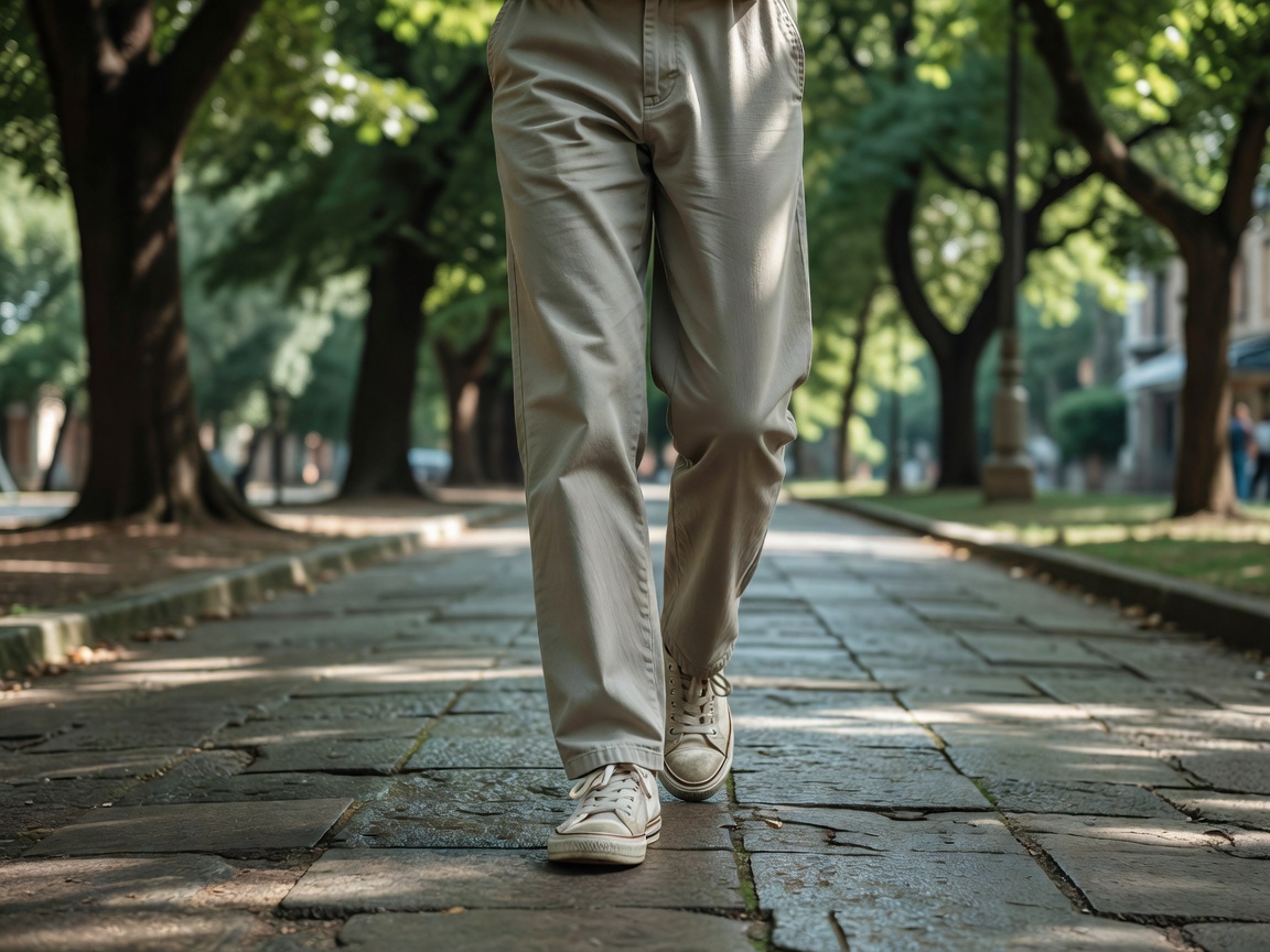 Person walking in relaxed straight-leg cotton trousers and canvas shoes on a shaded pavement
