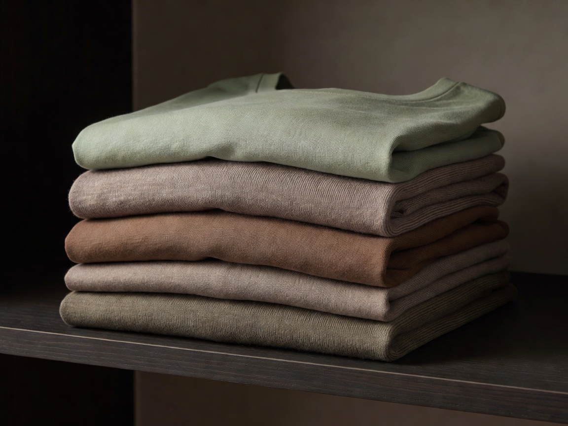 Neat stack of folded everyday tees and knits in muted earth tones on a dark shelf
